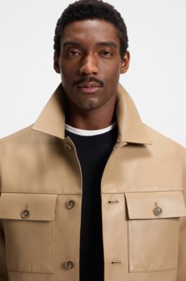 Flap-pocket leather jacket in a shirt style, Beige