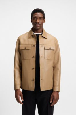 Chaqueta de piel estilo camisa con bolsillos con solapa, Beige