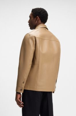 Flap-pocket leather jacket in a shirt style, Beige
