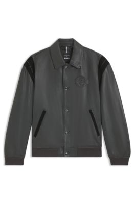 Porsche x BOSS leather jacket with contrast details, Dark Grey