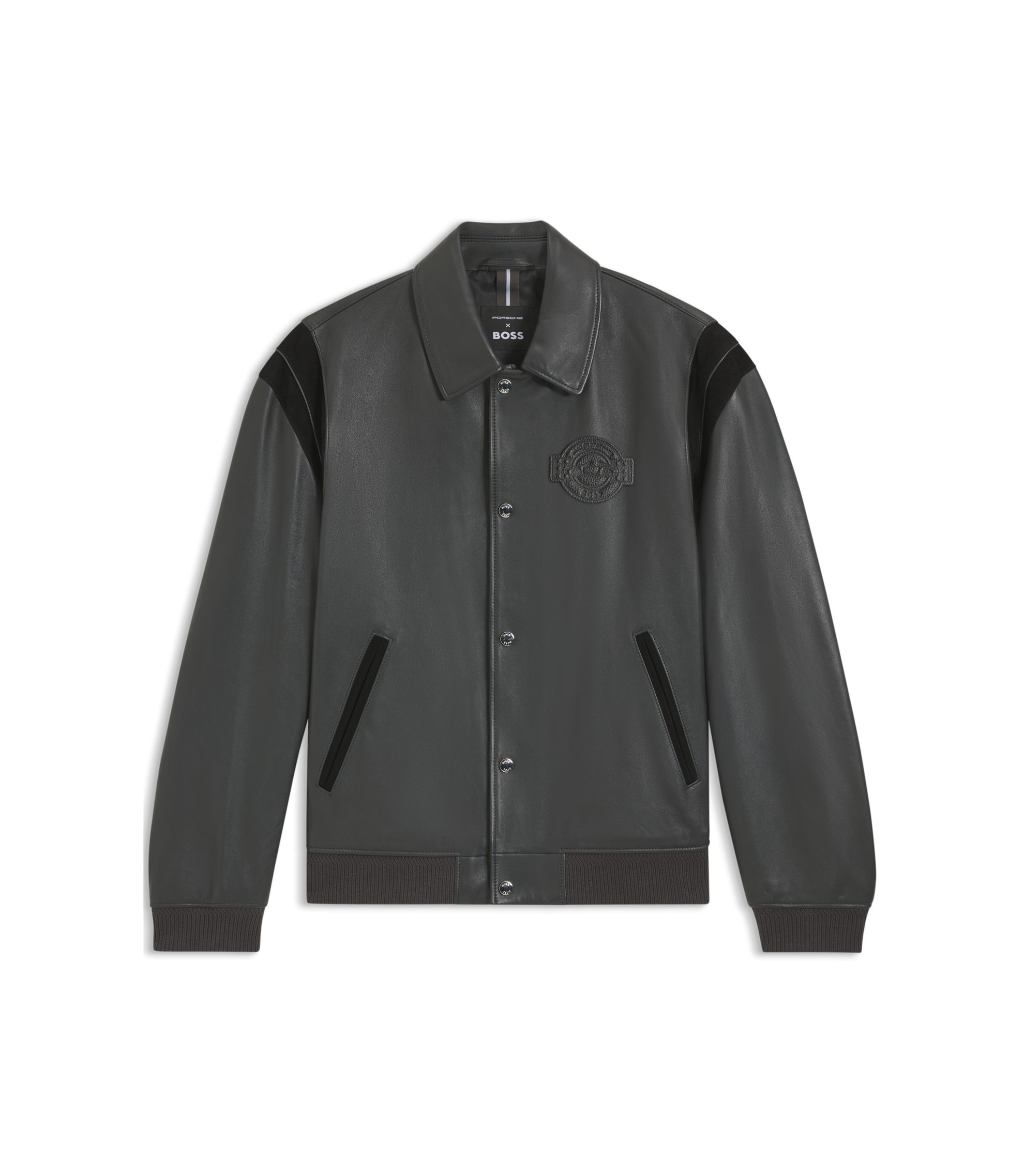 BOSS - Porsche x BOSS leather jacket with contrast details - Dark Grey