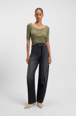 Button-placket top in a cotton blend, Dark Grey