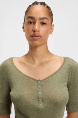 Button-placket top in a cotton blend, Dark Grey
