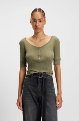 Button-placket top in a cotton blend, Dark Grey