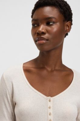 Button-placket top in a cotton blend, White