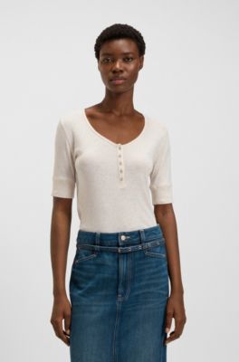 Top slim fit en algod&oacute;n con tapeta de botones, Blanco