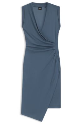 Gathered-detail dress with wrap front, Light Blue