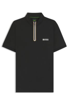 Camiseta deportiva con cremallera en el cuello en punto de malla el&aacute;stica, Negro