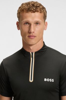 Camiseta deportiva con cremallera en el cuello en punto de malla el&aacute;stica, Negro