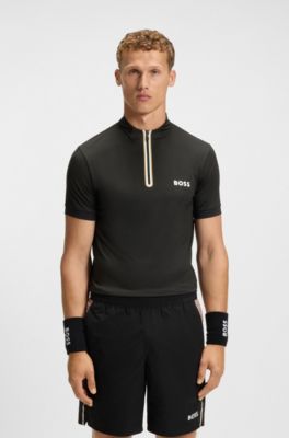 Camiseta deportiva con cremallera en el cuello en punto de malla el&aacute;stica, Negro