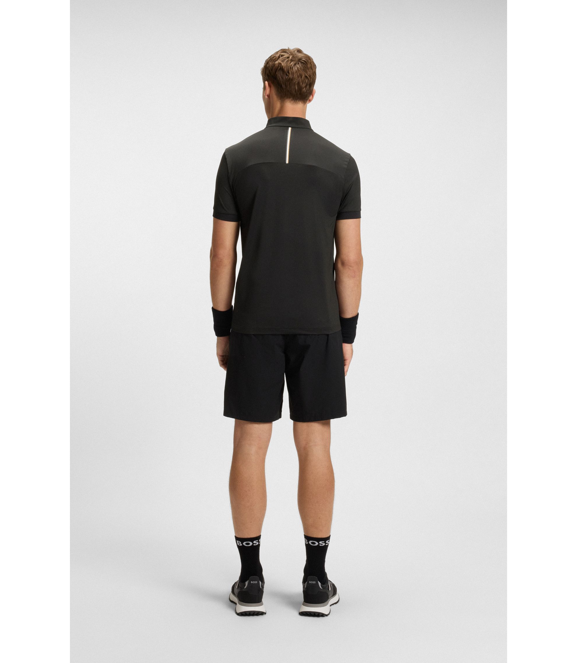 BOSS - Stretch-mesh slim-fit polo shirt with zip neck - Black