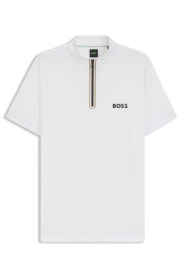 Camiseta deportiva con cremallera en el cuello en punto de malla el&aacute;stica, Blanco