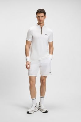 Camiseta deportiva con cremallera en el cuello en punto de malla el&aacute;stica, Blanco