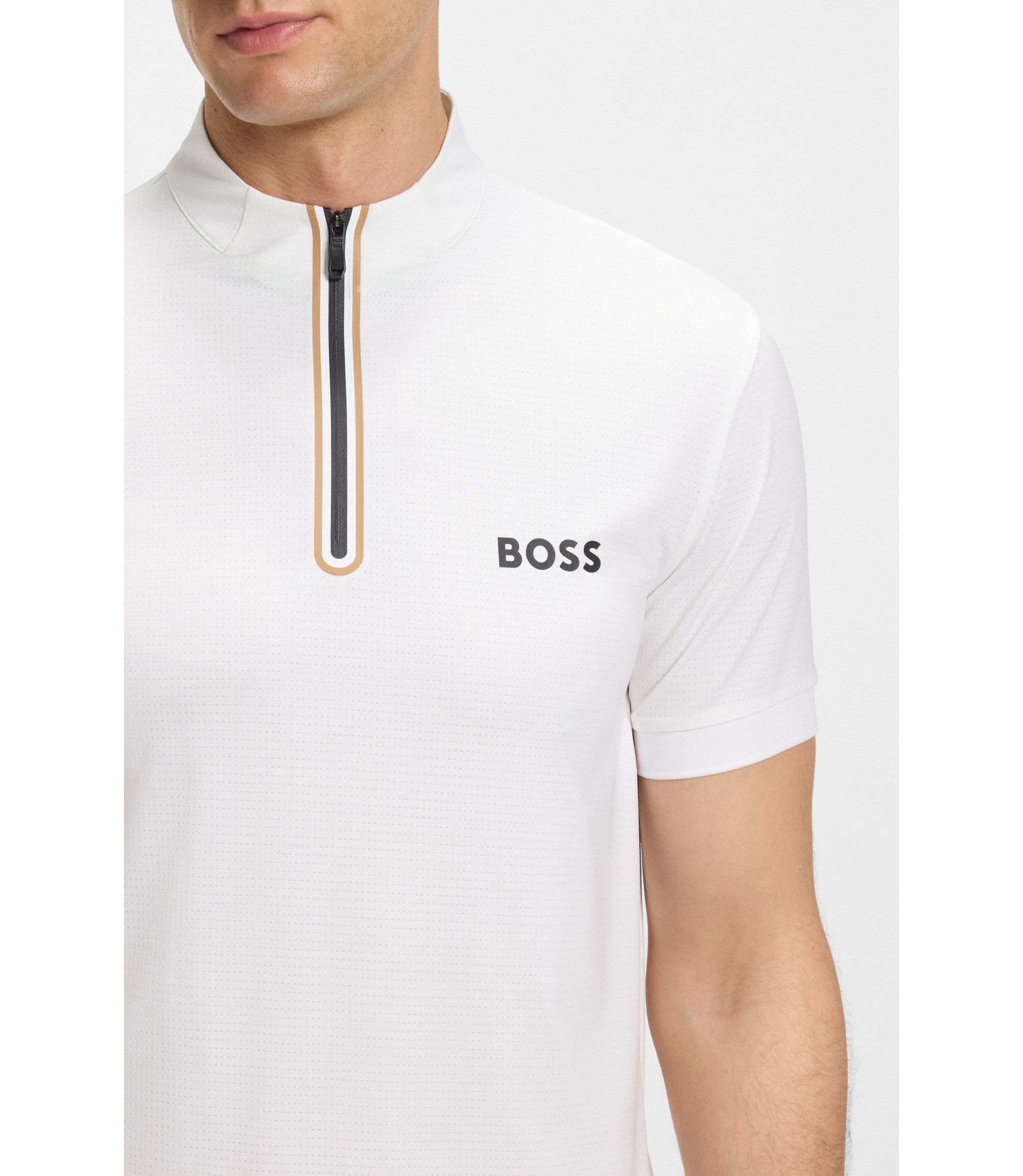 BOSS - Stretch-mesh slim-fit polo shirt with zip neck - White