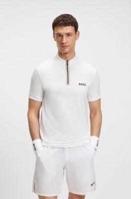 Camiseta deportiva con cremallera en el cuello en punto de malla el&aacute;stica, Blanco