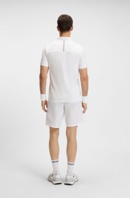 Camiseta deportiva con cremallera en el cuello en punto de malla el&aacute;stica, Blanco