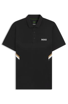 Active moisture-managing slim-fit polo shirt in stretch piqu&eacute;, Black