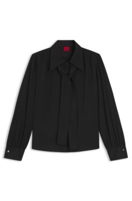 Blusa regular fit en jacquard a cuadros con lazo en el cuello, Negro