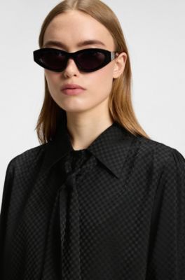 Blusa regular fit en jacquard a cuadros con lazo en el cuello, Negro