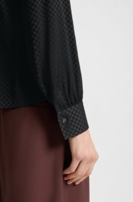 Chemisier Regular en jacquard avec motif damier et encolure &agrave; nouer, Noir