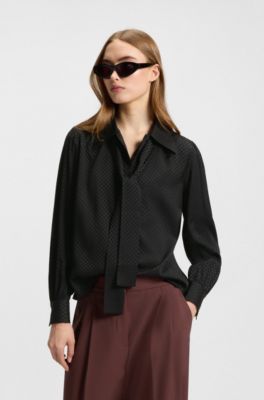 Blusa regular fit en jacquard a cuadros con lazo en el cuello, Negro