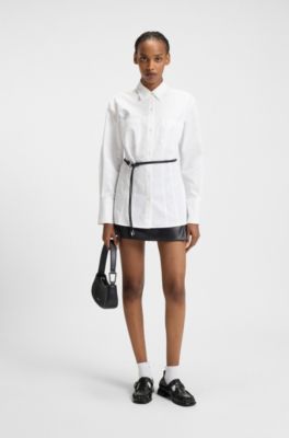 Slim-fit blouse with faux-leather belt, White