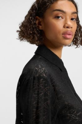 Oversized-fit blouse with burnout pattern, Black