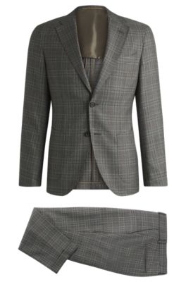 Hugo Boss Slim-fit Suit In Checked Virgin Wool In Light Green