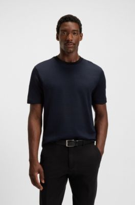 Grid-pattern T-shirt in mercerised cotton, Dark Blue
