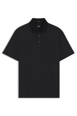 Grid-pattern polo shirt in mercerised cotton, Black