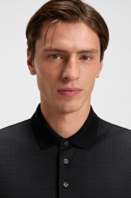 Polo en coton merceris&eacute; &agrave; motif quadrill&eacute;, Noir