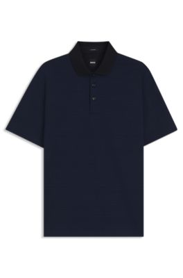 Grid-pattern polo shirt in mercerised cotton, Dark Blue