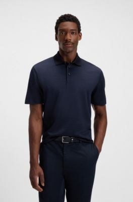 Grid-pattern polo shirt in mercerised cotton, Dark Blue