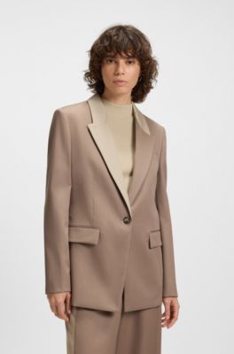 Relaxed-fit blazer with colour-blocked lapel, Light Brown