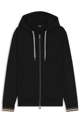 Patterned-drawcord zip-up hoodie in a cotton blend, Black