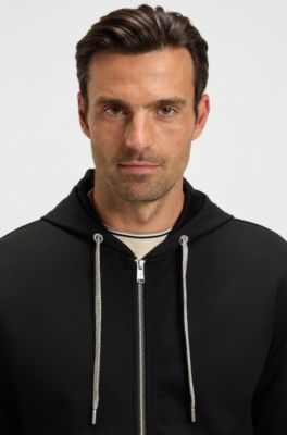 Patterned-drawcord zip-up hoodie in a cotton blend, Black