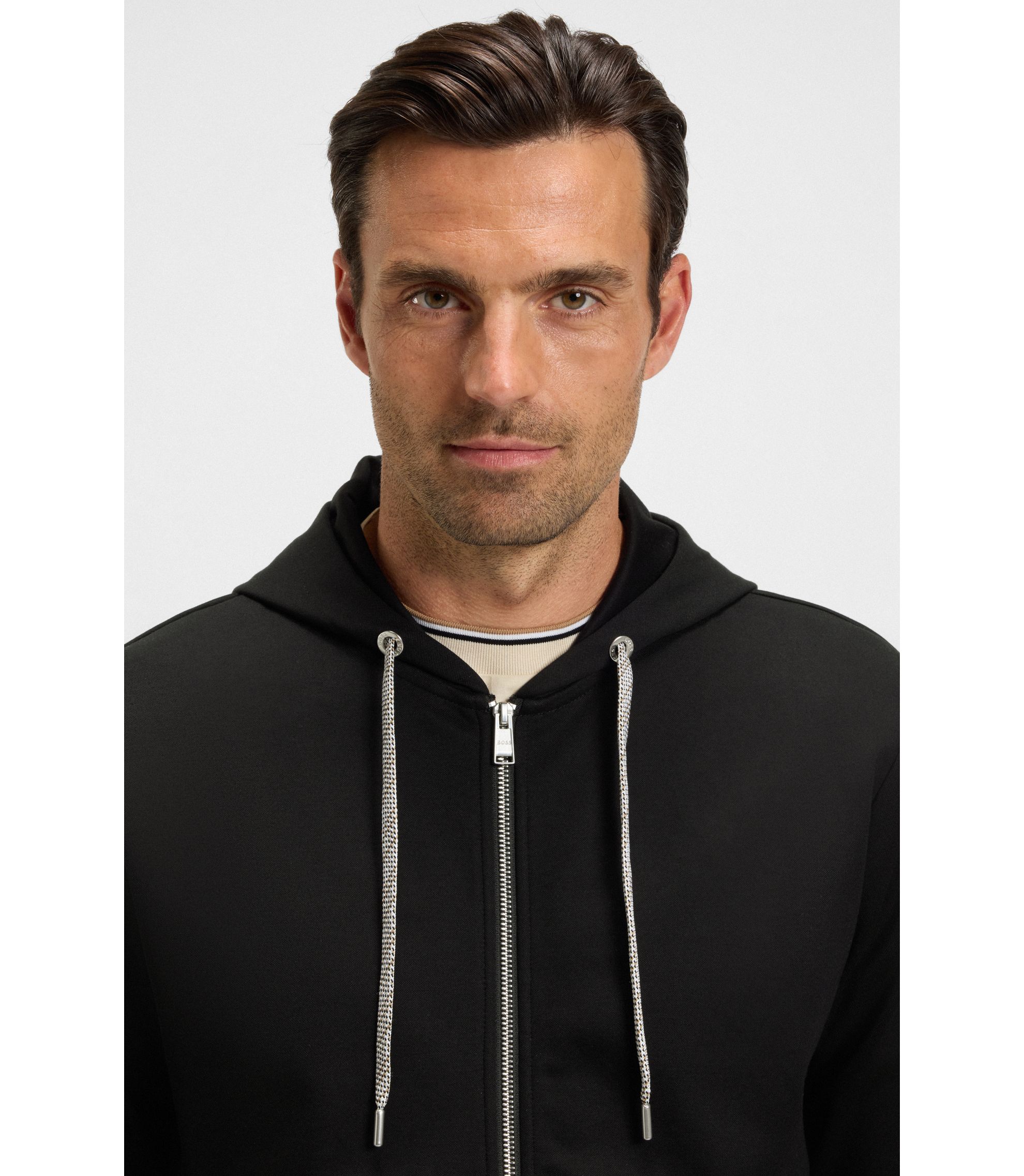 BOSS - Patterned-drawcord zip-up hoodie in a cotton blend - Black