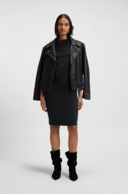 Robe en coton m&eacute;lang&eacute; &agrave; encolure asym&eacute;trique, Noir