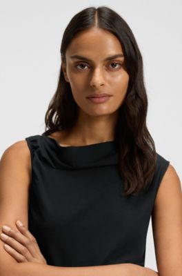 Asymmetric-neckline dress in a cotton blend, Black