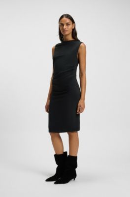 Robe en coton m&eacute;lang&eacute; &agrave; encolure asym&eacute;trique, Noir