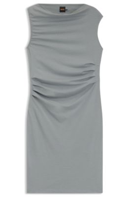 Asymmetric-neckline dress in a cotton blend, Grey