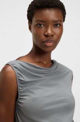 Asymmetric-neckline dress in a cotton blend, Grey