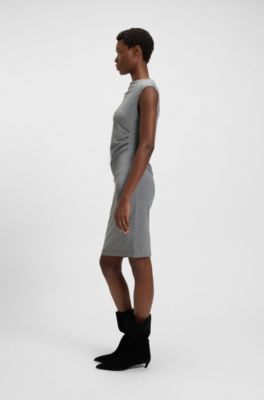 Asymmetric-neckline dress in a cotton blend, Grey