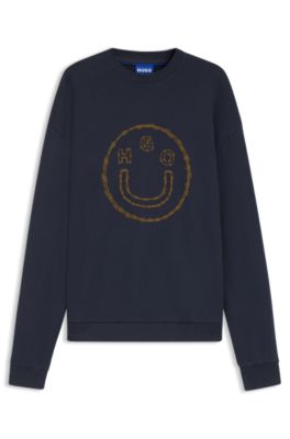 Cotton-terry sweatshirt with Happy HUGO print, Dark Blue
