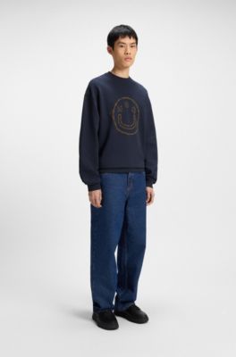 Cotton-terry sweatshirt with Happy HUGO print, Dark Blue