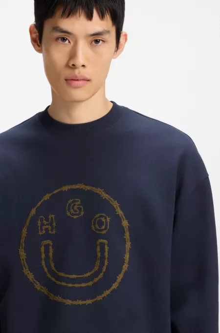 Cotton-terry sweatshirt with Happy HUGO print