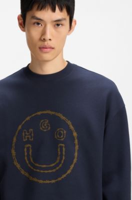 Cotton-terry sweatshirt with Happy HUGO print, Dark Blue