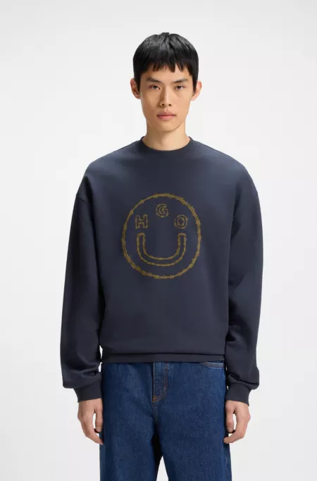 Cotton-terry sweatshirt with Happy HUGO print
