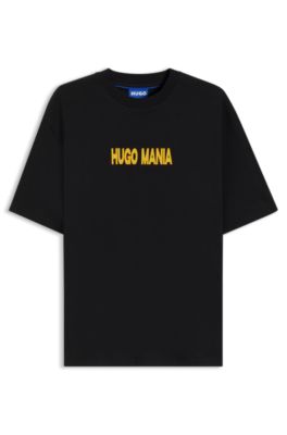 Camiseta de punto de algod&oacute;n con mezcla de estampados gr&aacute;ficos, Negro