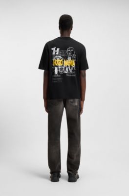 Camiseta de punto de algod&oacute;n con mezcla de estampados gr&aacute;ficos, Negro